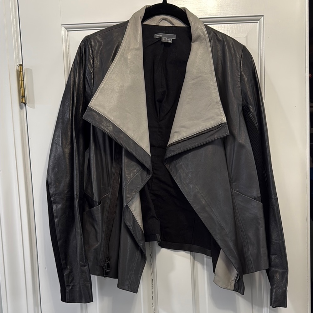 Vince Tri Color Leather Jacket with Waterfall Style